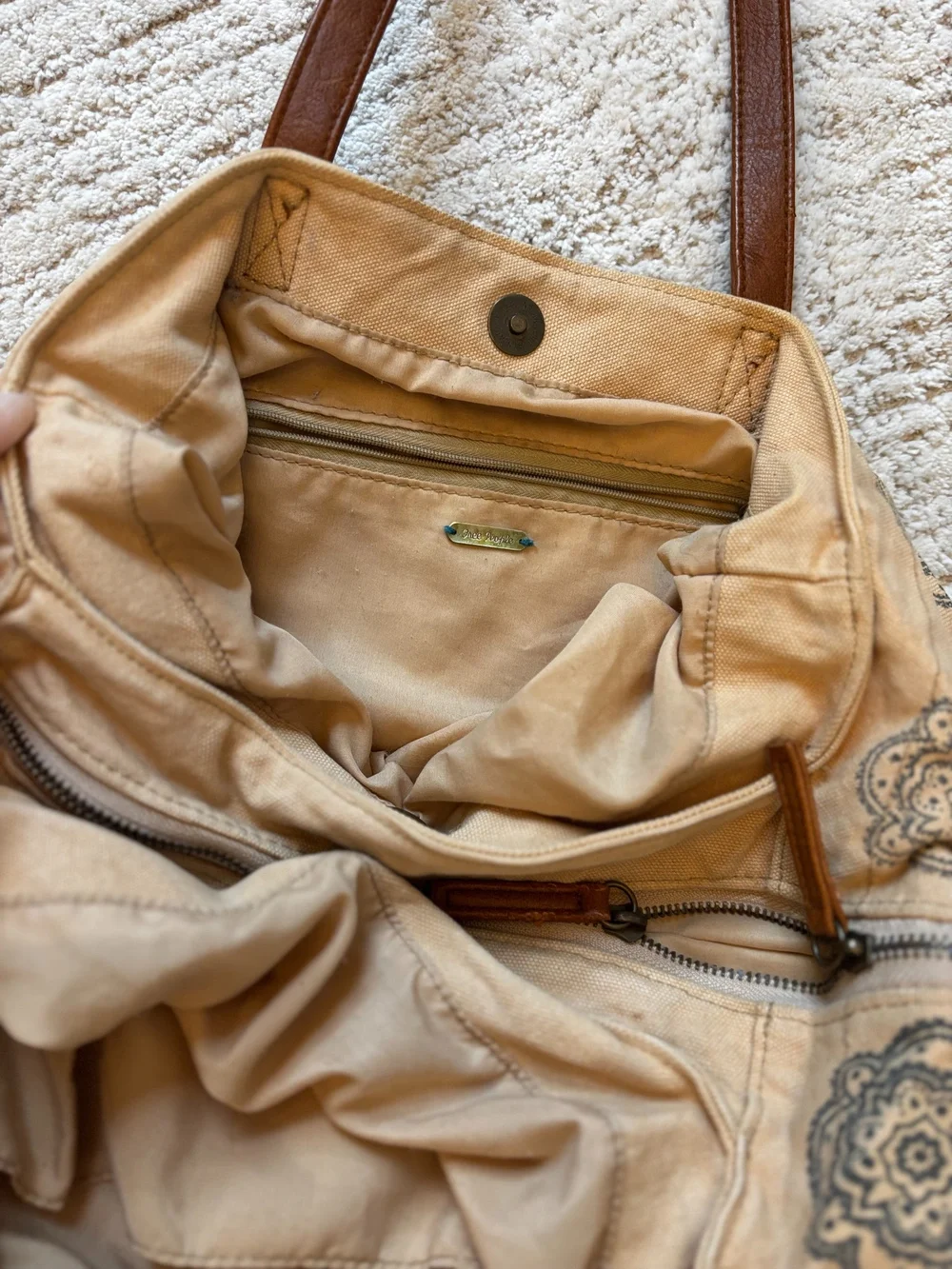 Free People Floral Tote Bag Tan Canvas Leather Handles